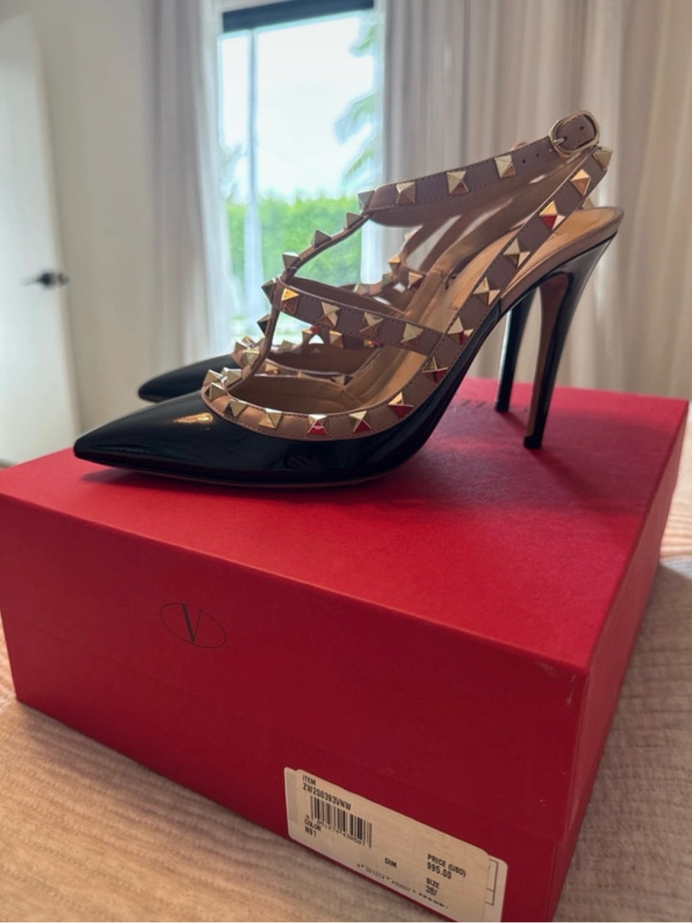 Valentino Garavani Black Patent and Nude Rockstud Pointed-Toe T-Strap Heels